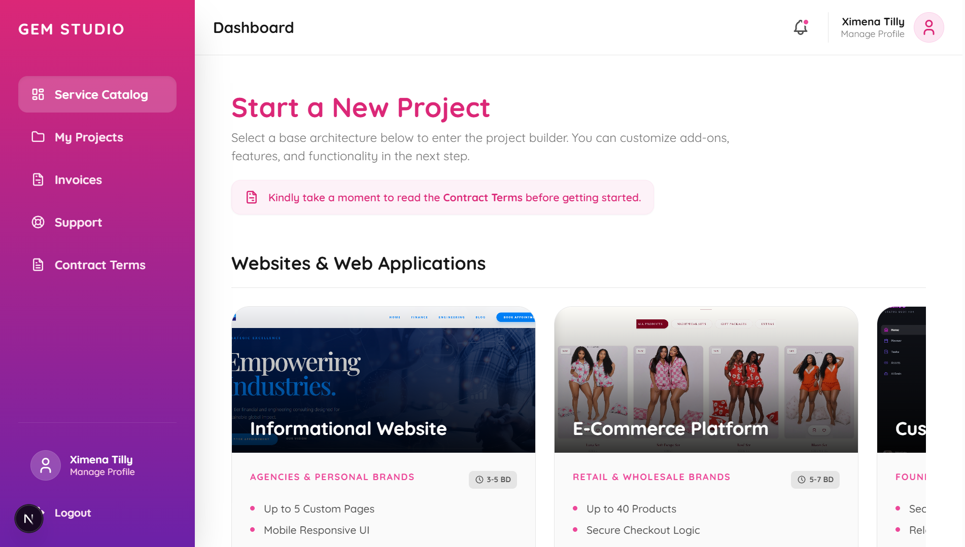 GEM Studio Portal Dashboard Interface